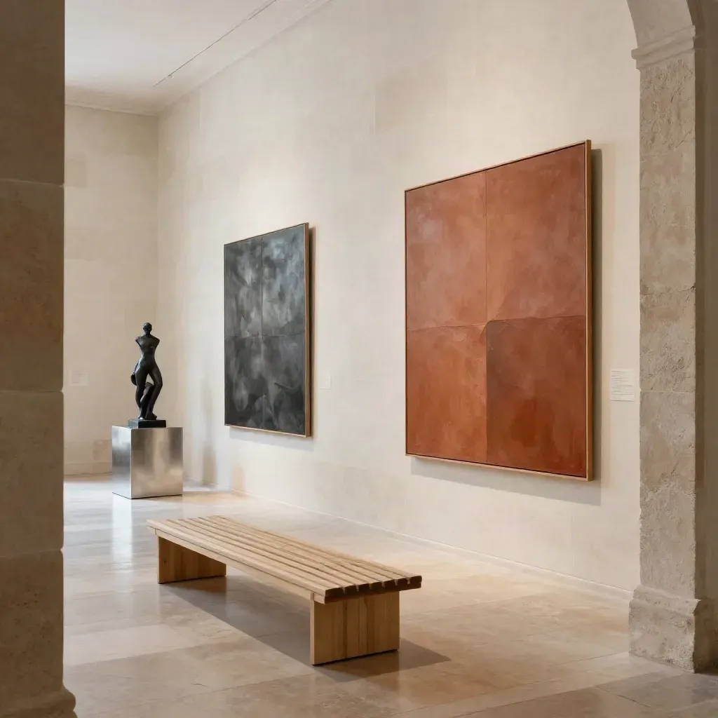 Sala espositiva di Capalbio Art con tele contemporanee, scultura e panca vuota in luce morbida.