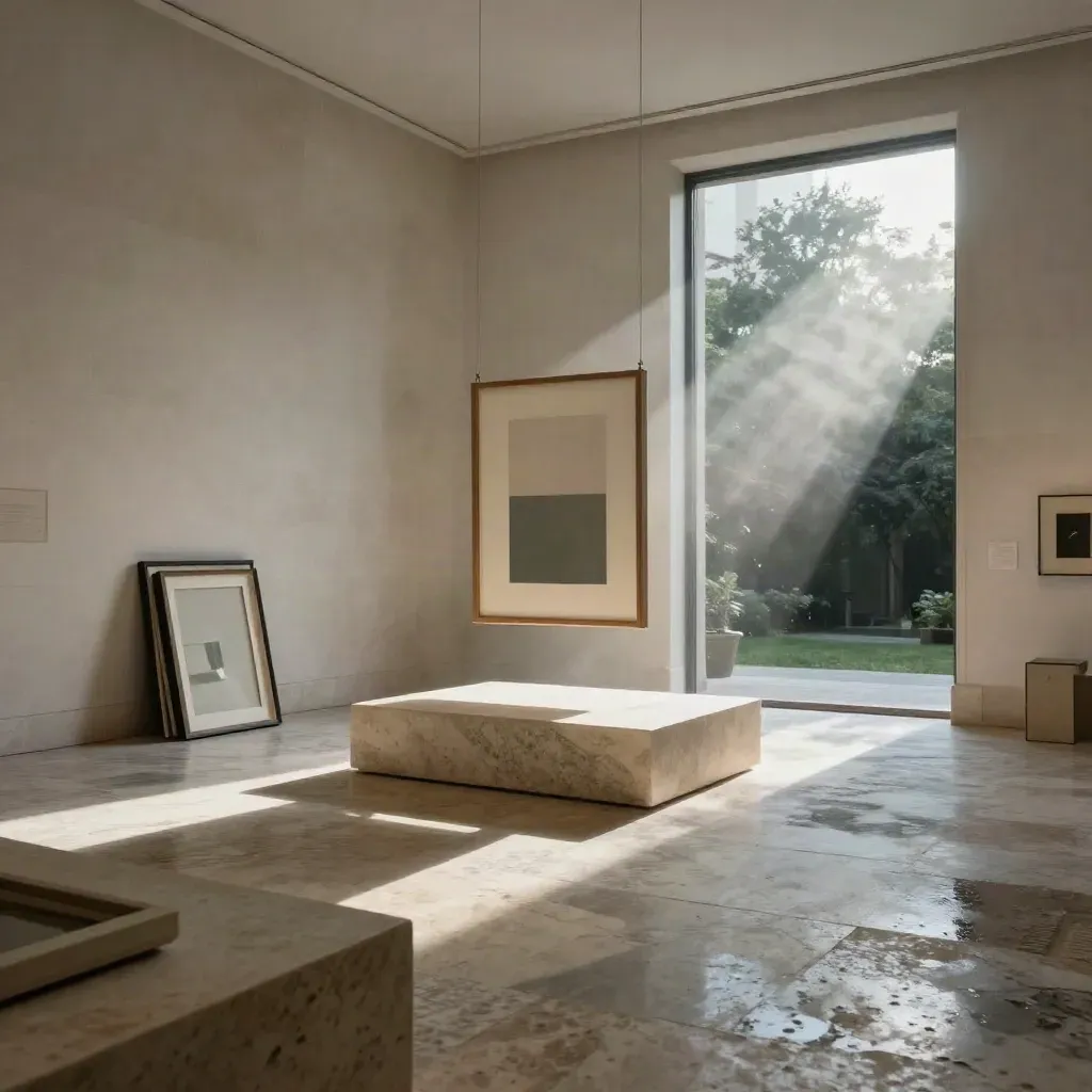 Interno di galleria in pietra con opera sospesa e luce post-temporale sul travertino.