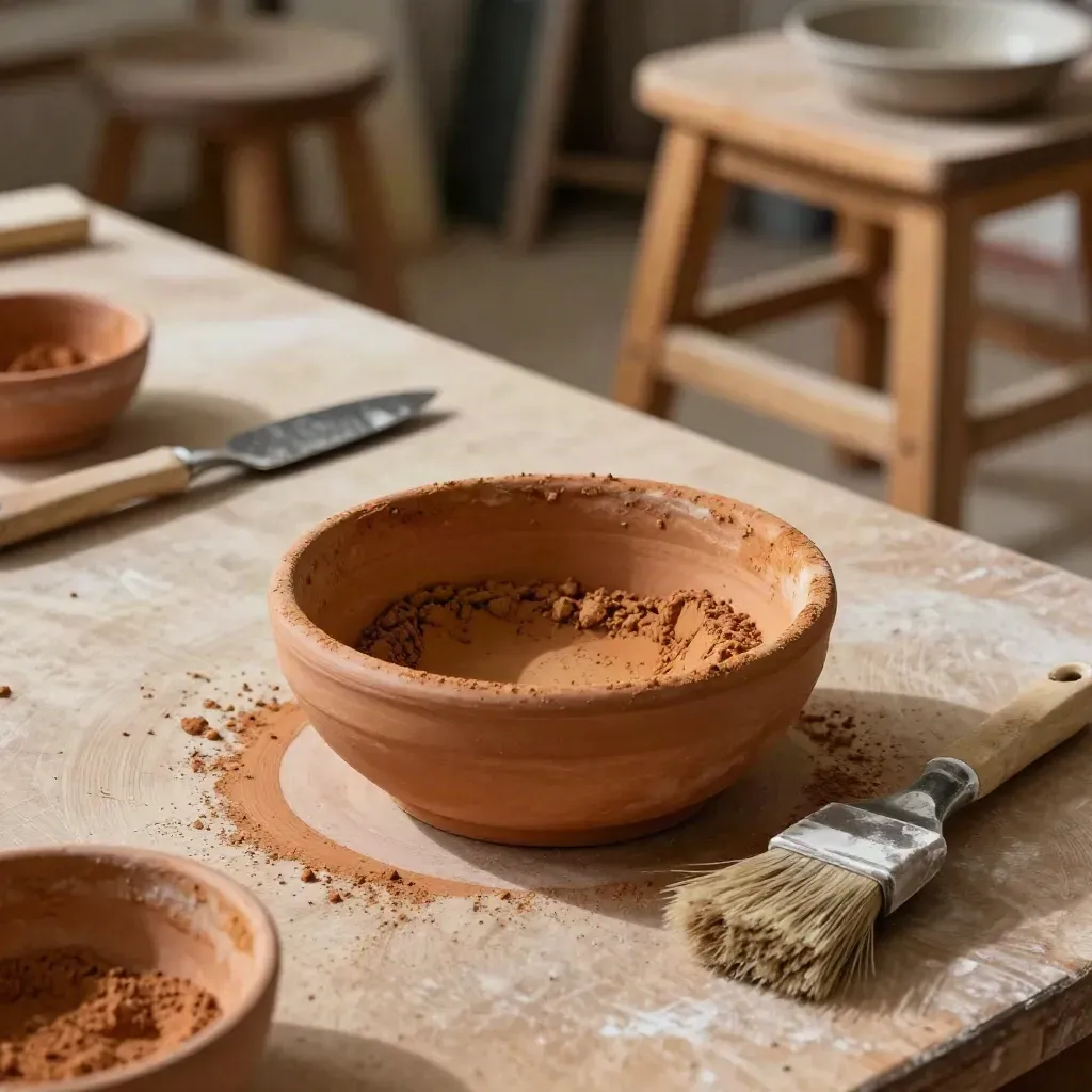 Ciotole in terracotta, pigmenti asciutti e pennelli in un atelier estivo di galleria.