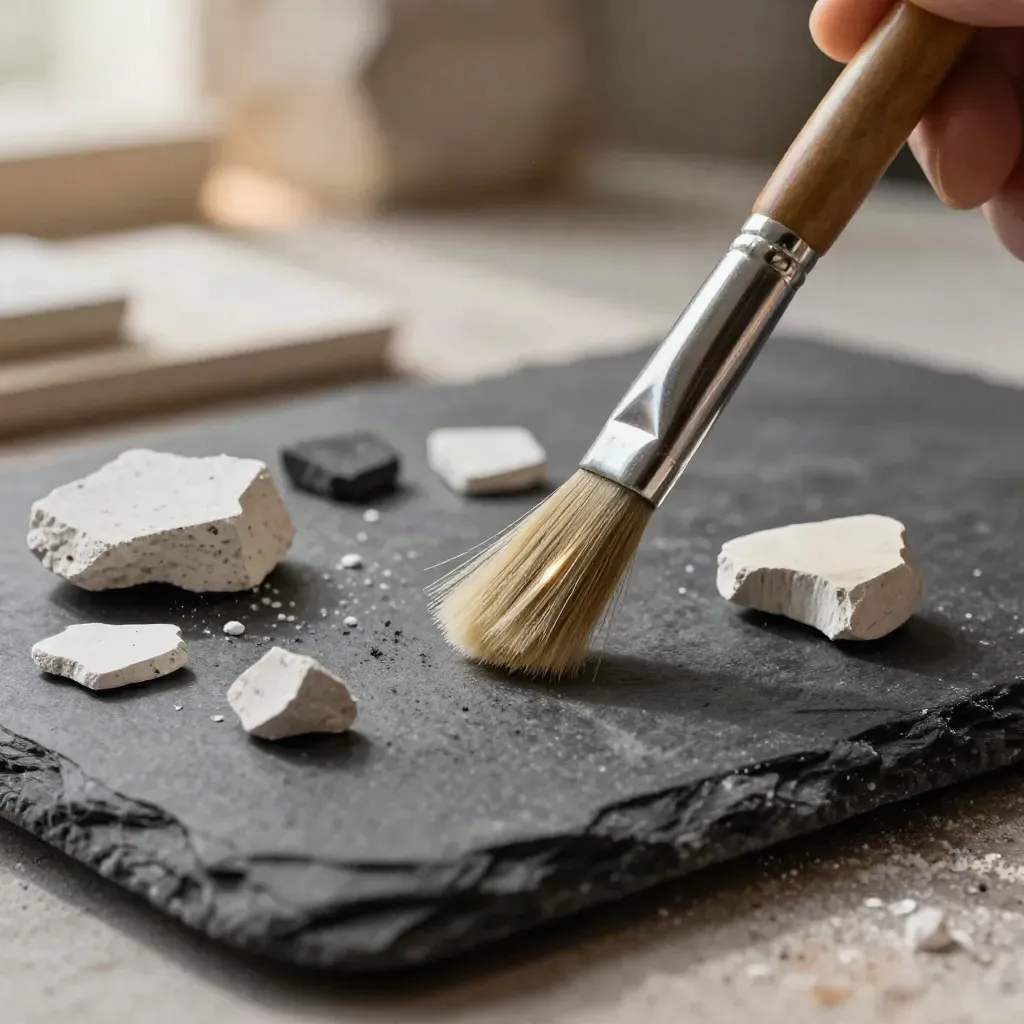 Pennello, frammento di gesso e campioni materici su lastra nera in un atelier.