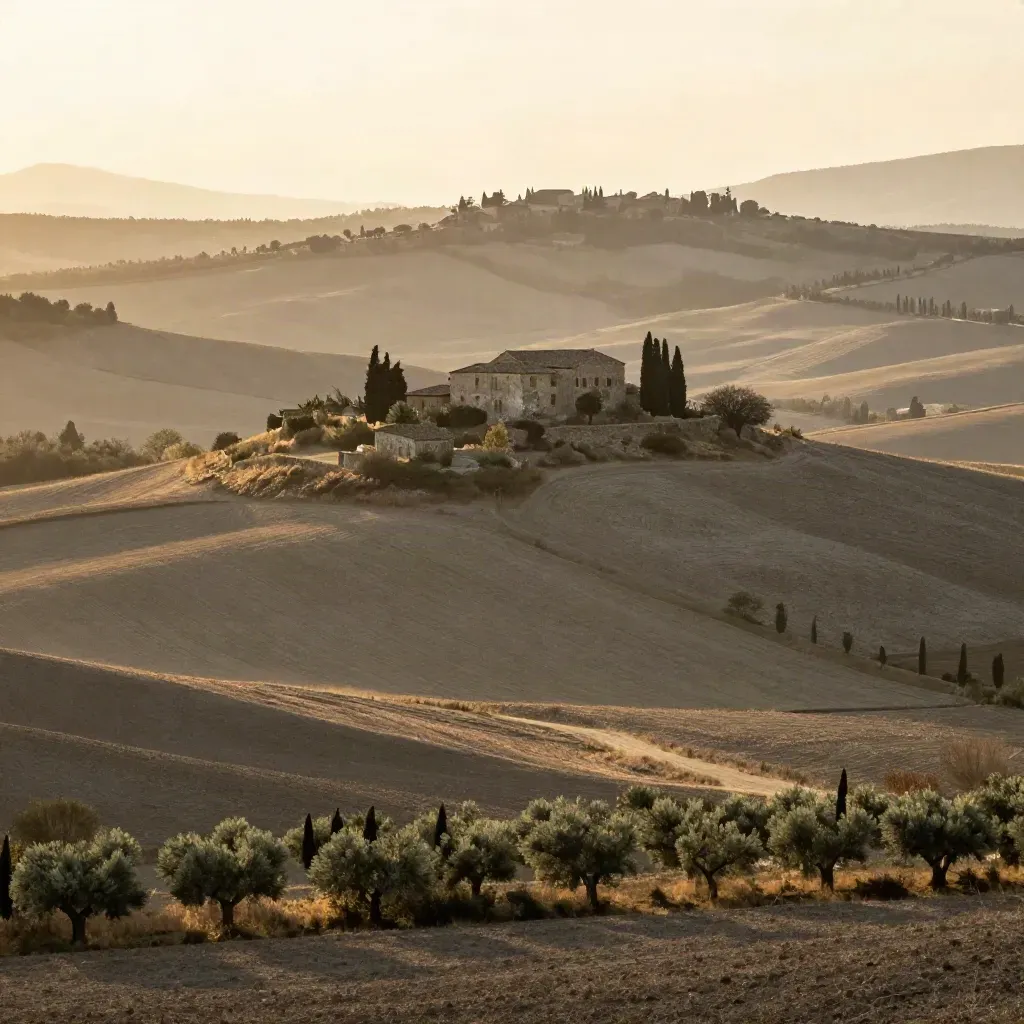 Podere isolato nella Maremma al tramonto, campi calmi e foschia dorata.